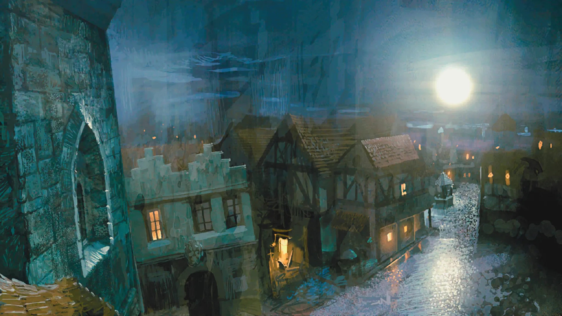 A rainy street in Vizima’s Trade Quarter.