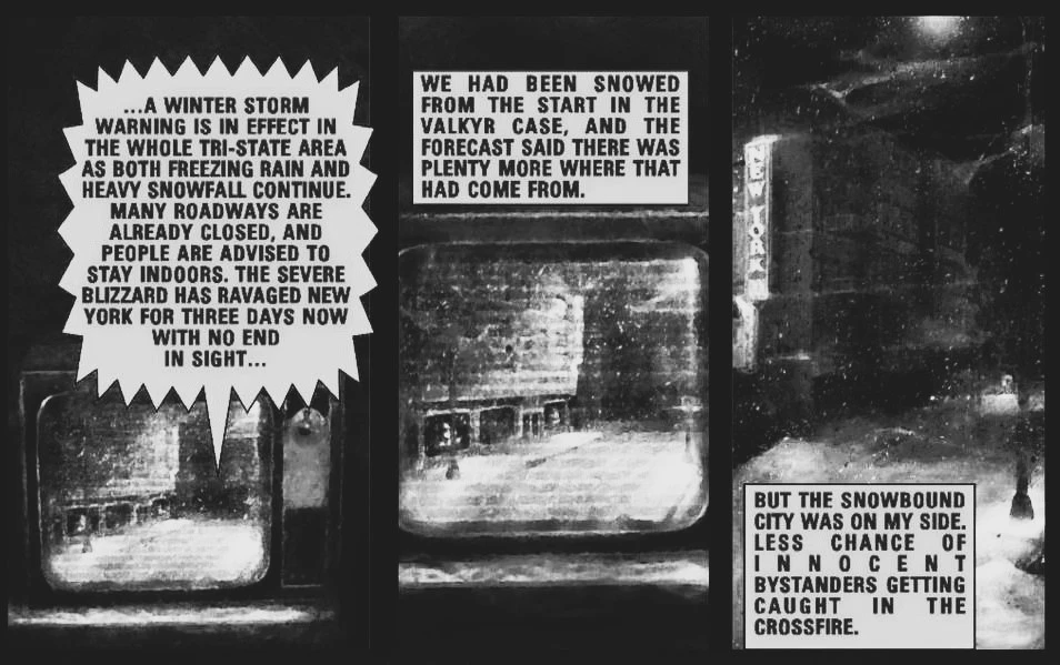 Graphic novel panels showing a dark and snowy New York